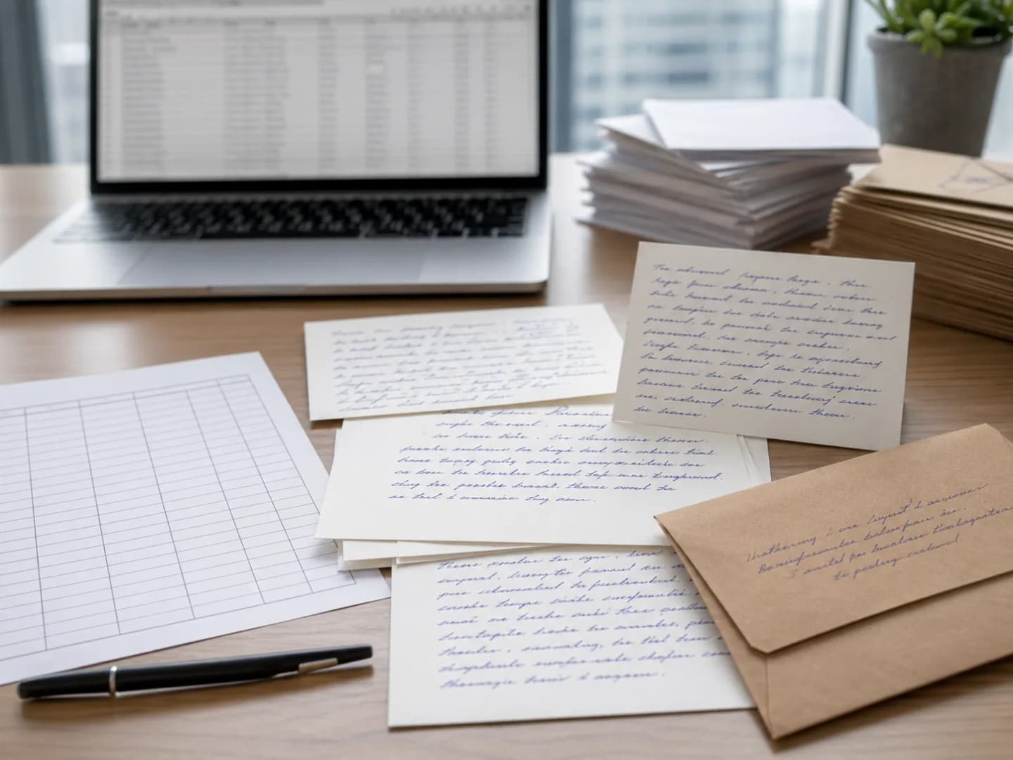 Gedruckte personalisierte handschriftlich wirkende Notizen neben einem Tabellen-Workflow