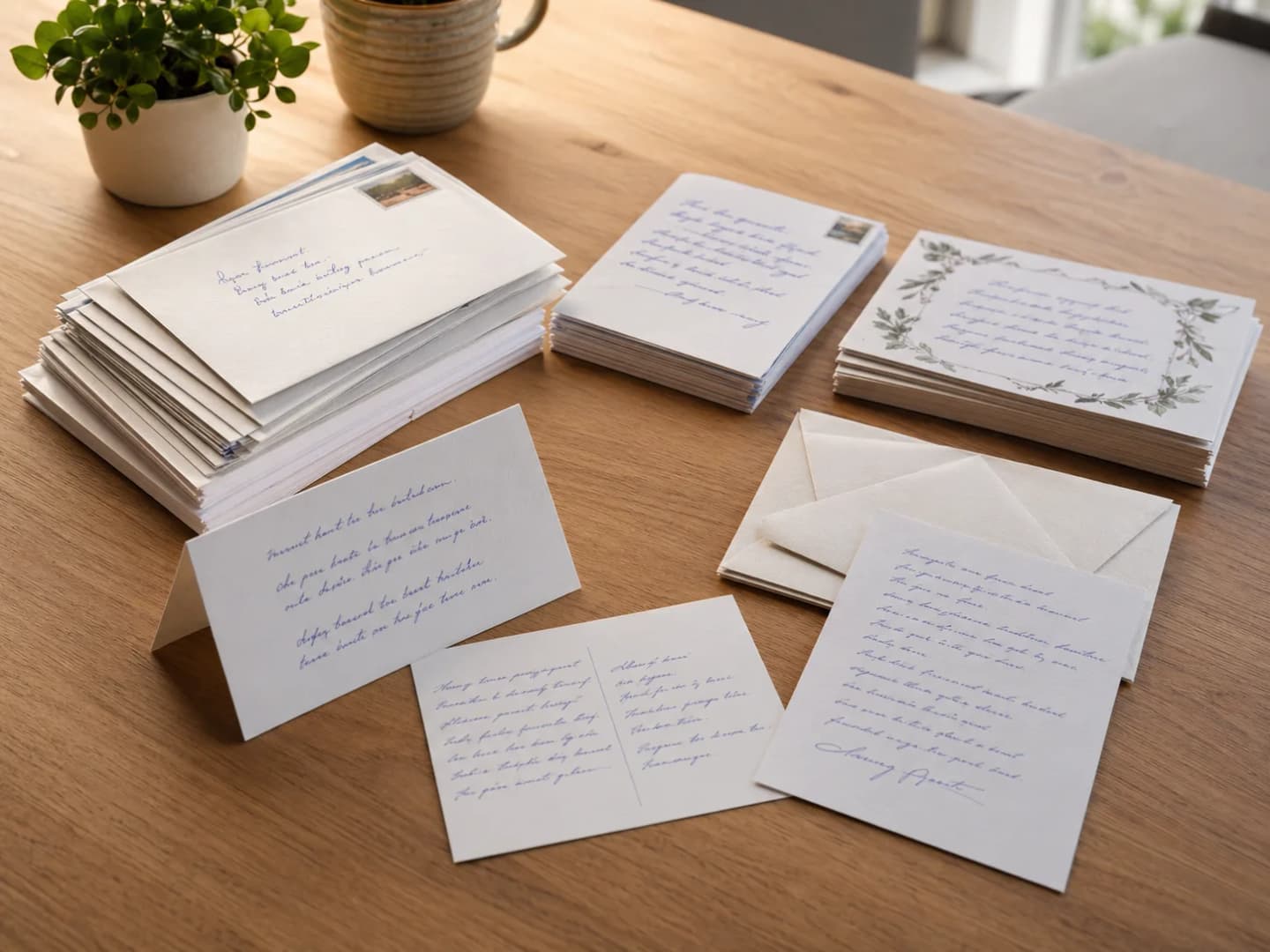 Stapel handschriftlich wirkender Postkarten und Umschläge auf einem Business-Schreibtisch