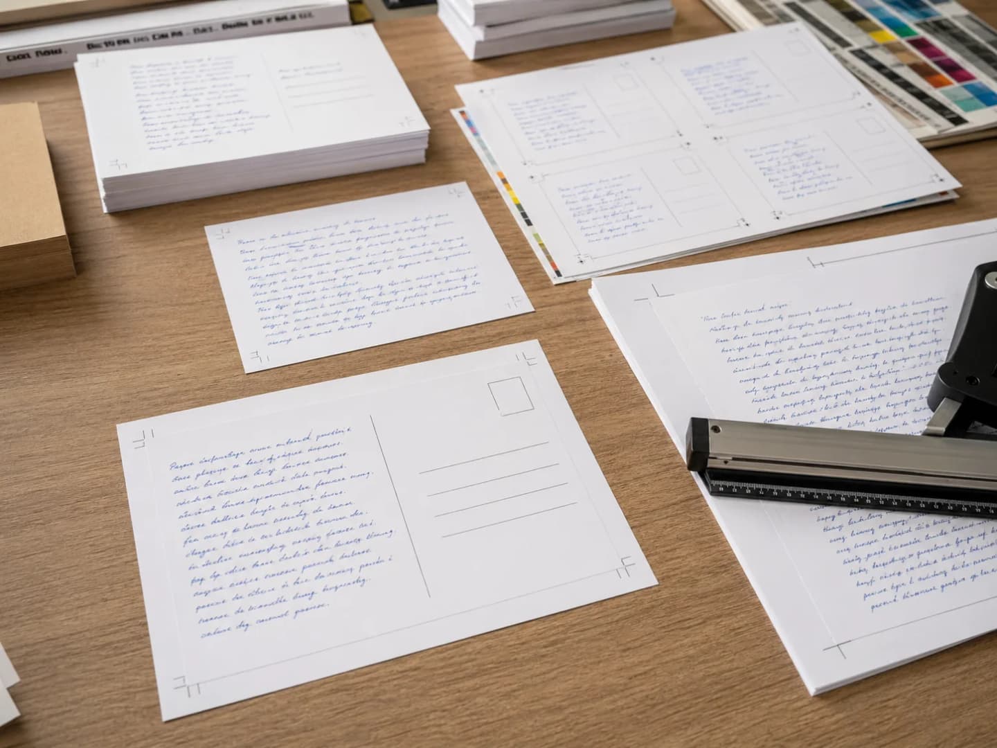 Gedruckte handschriftlich wirkende Postkarten-Proofs mit Crop- und Trim-Marken