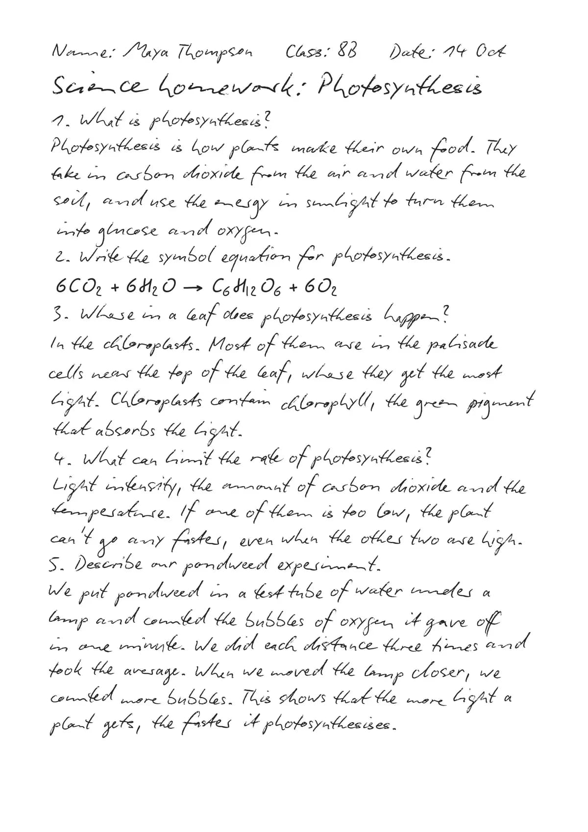 Flat A4 page in Print mode with handwritten-style science homework